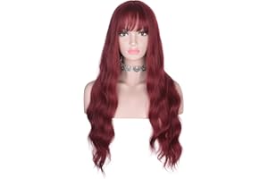 AMZCOS Red Long Wavy Wig with Bangs for Women Heat Resistant Synthetic Hair Wigs for Daily Use(Burgundy)