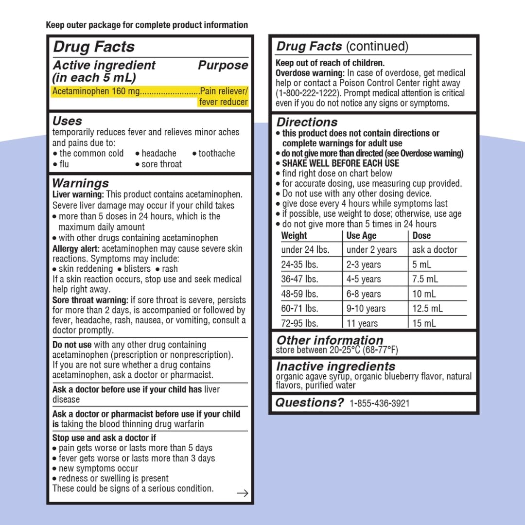 Genexa Children's Clean Acetaminophen | Pain & Fever Reducer for Kids | Kids Medicine, Dye Free Acetaminophen, 0% Artificial Additives | Ages 2-11, Delicious Organic Blueberry Liquid, 4 fl oz