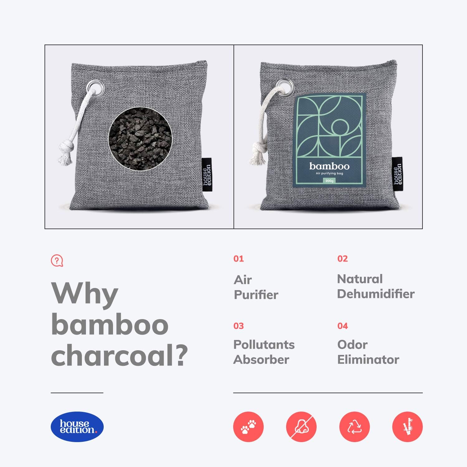 Bamboo Charcoal Air Purifying Bag 4-Pack – Naturally Freshen Air with Powerful Activated Charcoal Bags Odor Absorber – Kid and Pet-Friendly Air Fresheners for Home or Car by House Edition, 4x200g: Kitchen & Dining