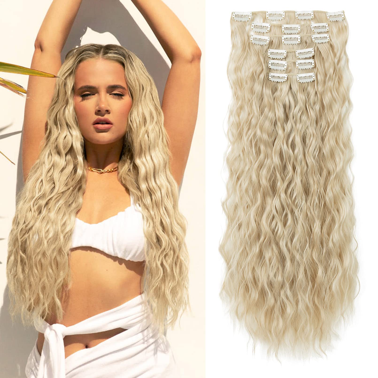FLUFYMOOZ Clip In Hair Extensions,6PCS Hair Extensions Long Mermaid Waves Wavy Synthetic Clip On Hairpiece For Women 24 Inch (Cool Blonde)