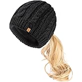 ChicPony™ Merino Wool Blend Messy Bun Ponytail Hole Fleece Lined Beanie Winter Hat Big Head Women