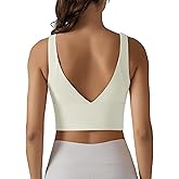 ABOCIW Sports Bra for Women V Back Longline Padded Yoga Bra Scoop Neck Medium Impact Fitness Workout Bra Crop Tank Tops Ivory Small