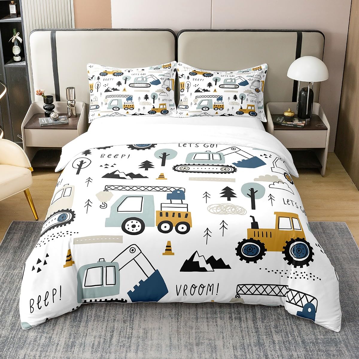 Loussiesd Construction 100% Cotton Duvet Cover,Cartoon Equipment Trucks Bedding Set,Car Excavator Tractor Vehicles White Comforter Cover Set,Double Size