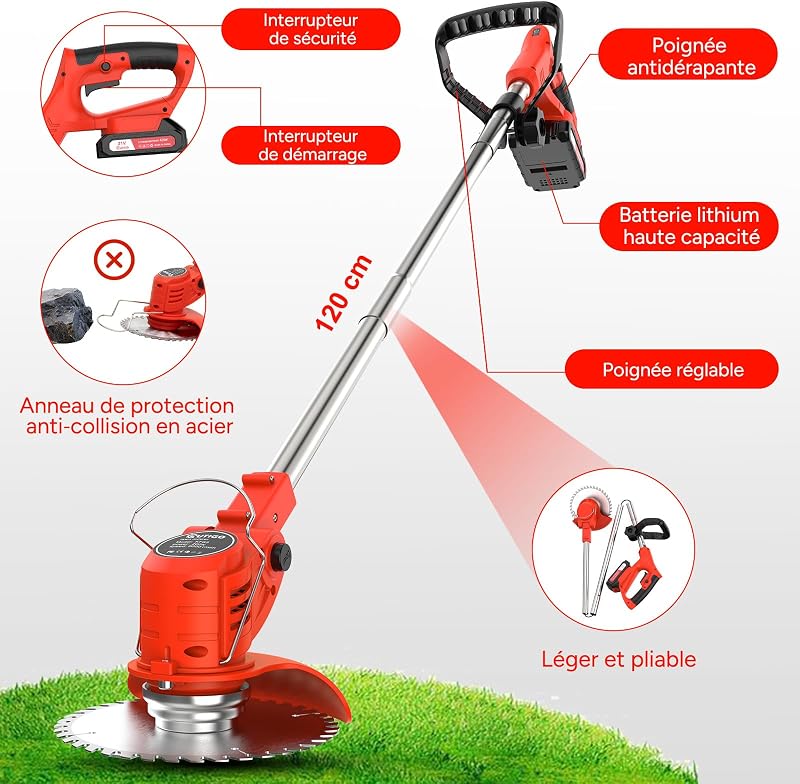 Debroussailleuse Electrique sans Fil, Débroussailleuse à Gazon sans balais avec 2 Batteries et 4 Lames avec poignée réglable, Débroussailleuse à Gazon Portable d'extérieur pour Couper l'herbe