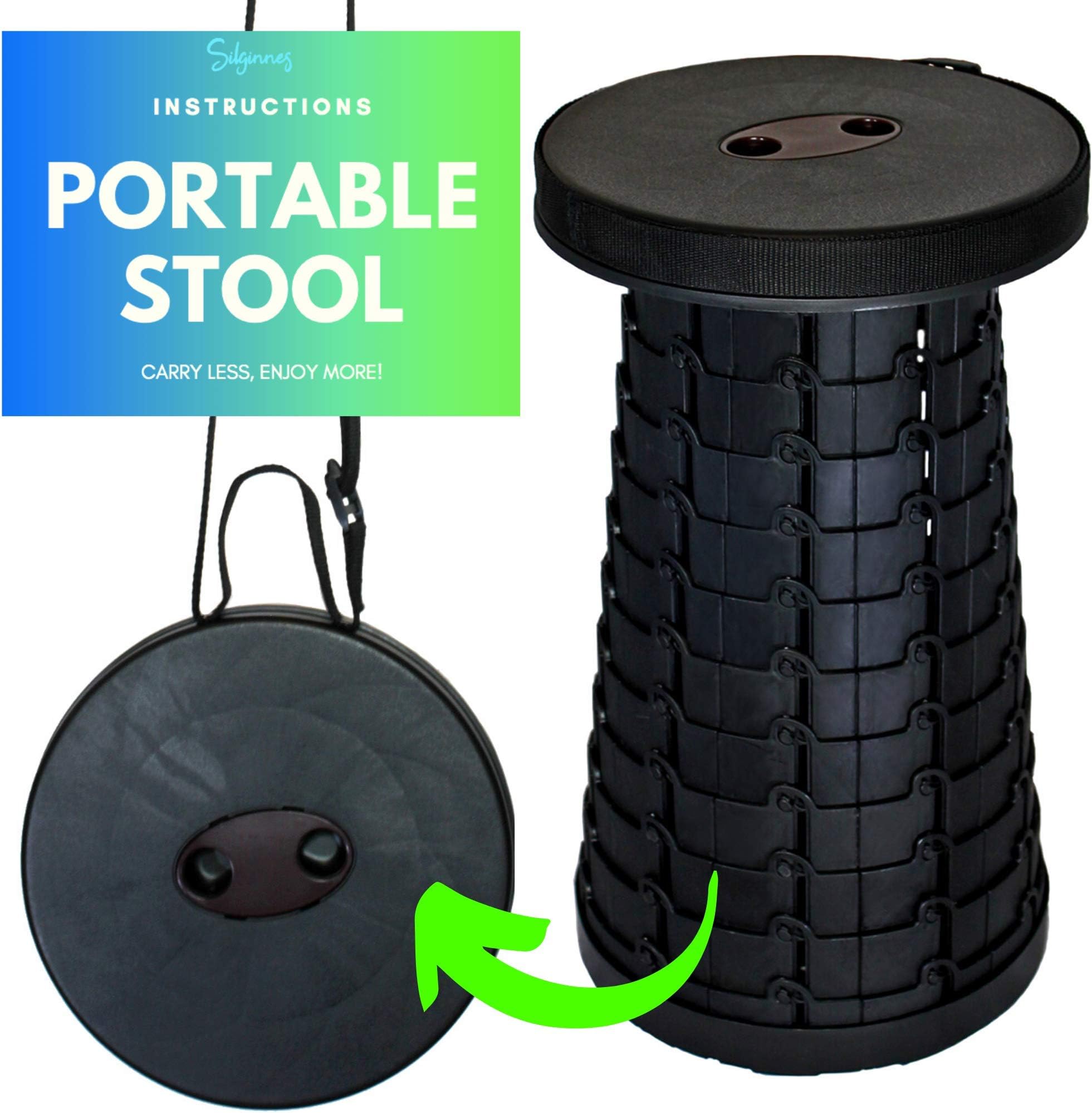 Silginnes Retractable Stool - Lightweight Portable Folding Stools for Adults and Kids - Best for Camping Stool, Travel Chair, Fishing, Hiking, BBQs and Gardening - Collapsible Stool (Black)