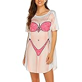 Ekouaer Women's Bikini Shirt Cover Up Short Sleeve Cute Bikini Print Cover-Up Baggy T Shirt Dress Fun Wear