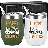 Lifecapido Camping Gifts, 2 Pack Happy Camper Stainless Steel Wine Tumblers, Camper Holiday Birthday Christmas Gifts for Women Men RV Campers (12oz, White and Army Green)