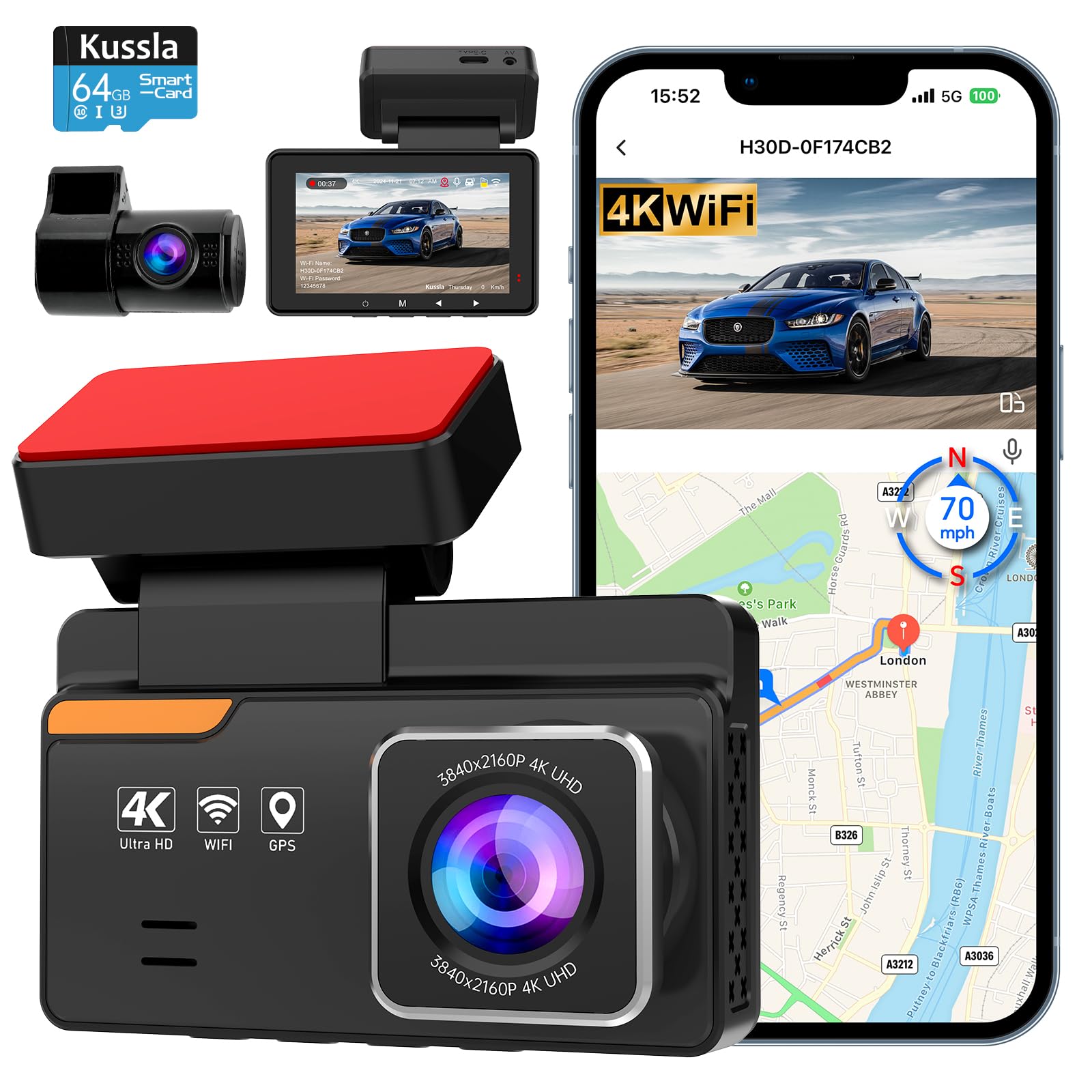Photo 1 of Kussla Dash Cam Front and Rear 4K+1080P, Dash Camera for Cars Built-in GPS WiFi, App Control, 64GB Card, 3 Inch IPS Screen Dual Dashcam Car Camera with ADAS, Night Vision, Loop Recording, G-Sensor