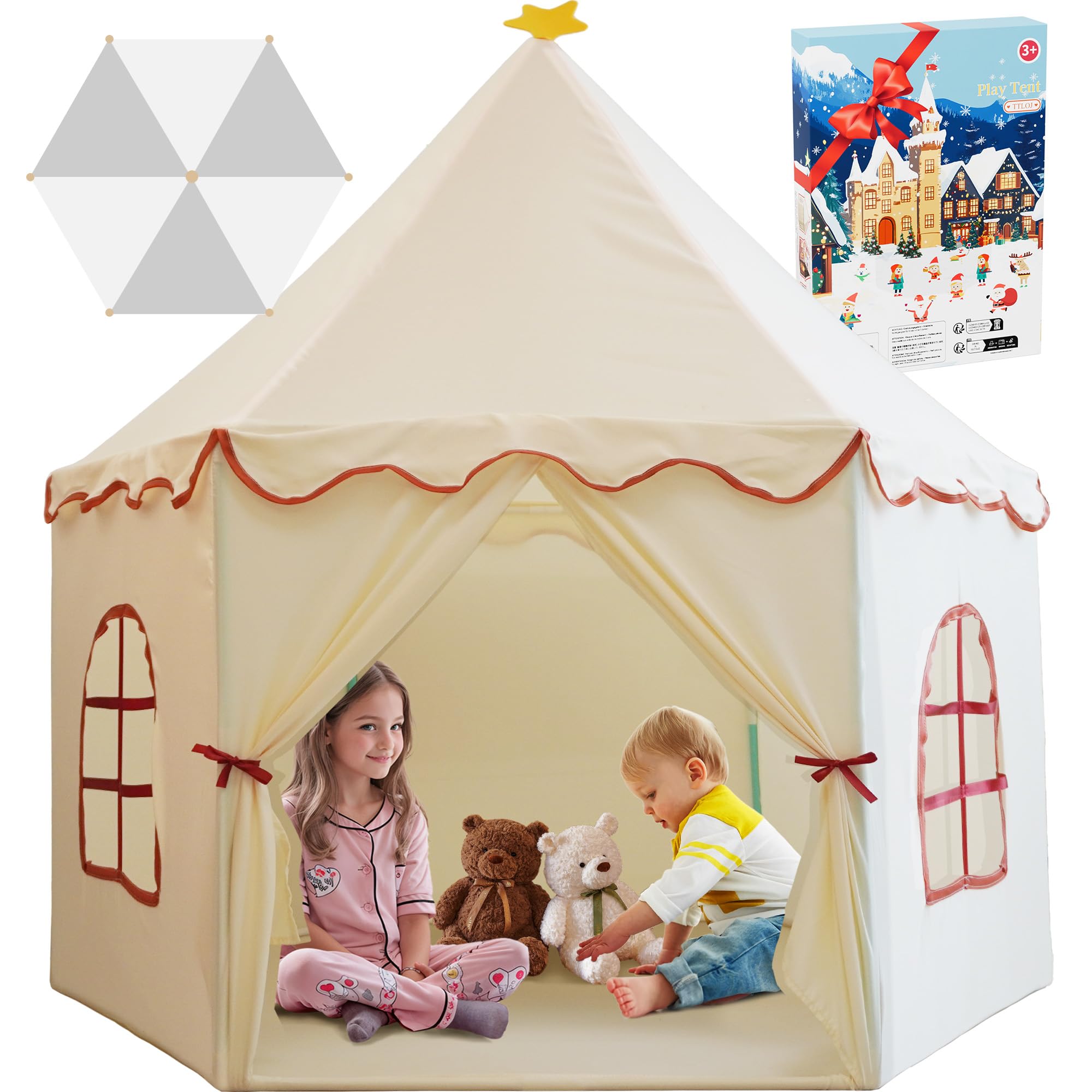 Photo 1 of Large Girls Play Tent Princess, Boys Castle Kids Playhouse Indoor Outdoor Toddler Teepee | American Style Design, Age 3-8| Detailed Instructions| Colorful Package| Christmas Birthday Gift Beige