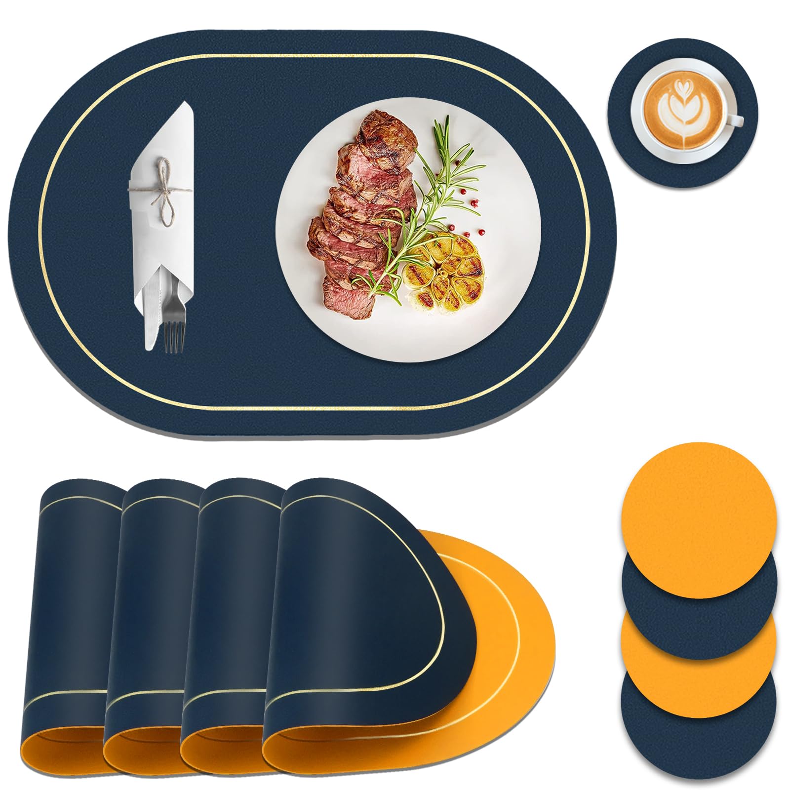 Table Mats Set of 4, Faux Leather Wipeable Placemats and Coasters Sets 4, Dual-Sided Non Slip Heat Resistant Place Mats for Table 4, Large Placemat for Xmas Dining Restaurant Party (Navy Blue, Yellow)