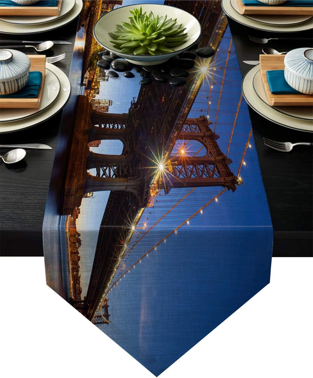 Fandim Fly Table Runner Brooklyn Bridge NYC View Skyline Modern City Table Runners for Catering Events, Dinner Parties, Wedding, Indoor and Outdoor Parties, 13 x 90 Inch