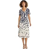 Maggy London Midi Summer V-Neck, A-line Cocktail & Wedding Guest, Bridal Shower Attire, Blue Dress Women