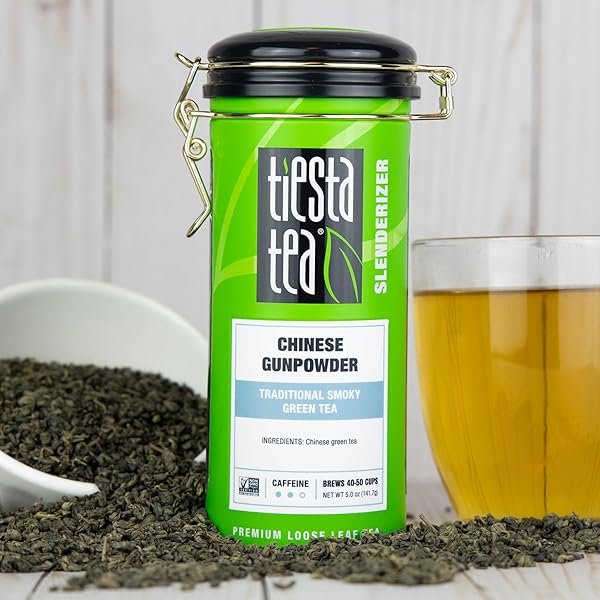 TIESTA TEA – CHINESE GUNPOWDER, LOOSE LEAF, TRADITIONAL SMOKY GREEN TEA, PREMIUM AROMATIC BLEND, MEDIUM CAFFEINATED, 50 CUPS, 5 OUNCE REFILLABLE TIN