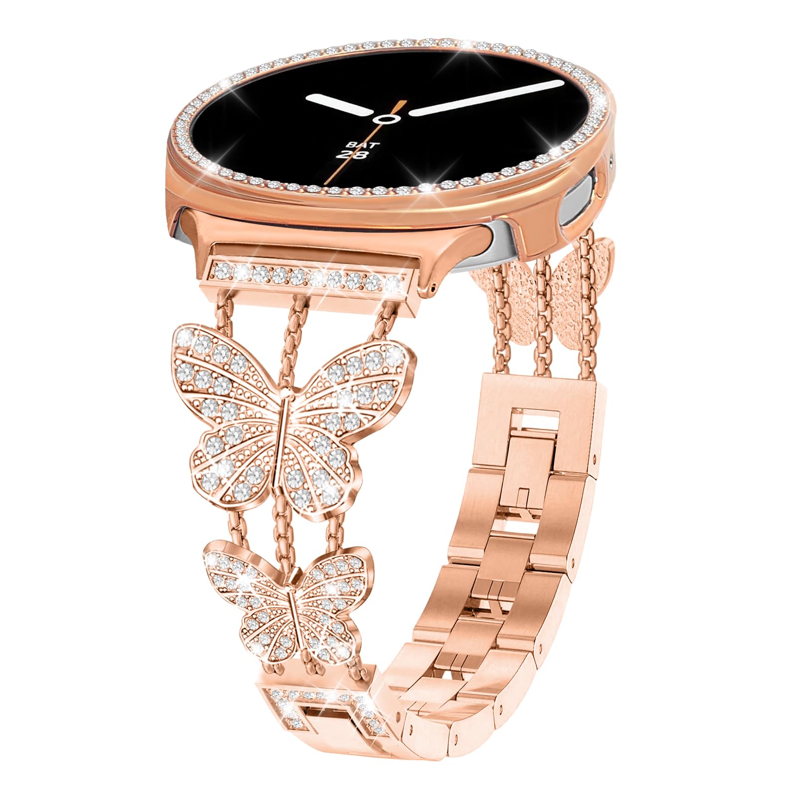 Alociaga Bling Band with Case Compatible for Samsung Galaxy Watch 8 40mm 44mm, Women Diamond Butterfly Metal Bracelet Rhinestone Strap with Protector Case(Rose Gold, 40mm)