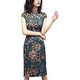 Bitablue Women's Greenish Blue Traditional Flowers Chinese Dress Lightweight Flowy Unlined