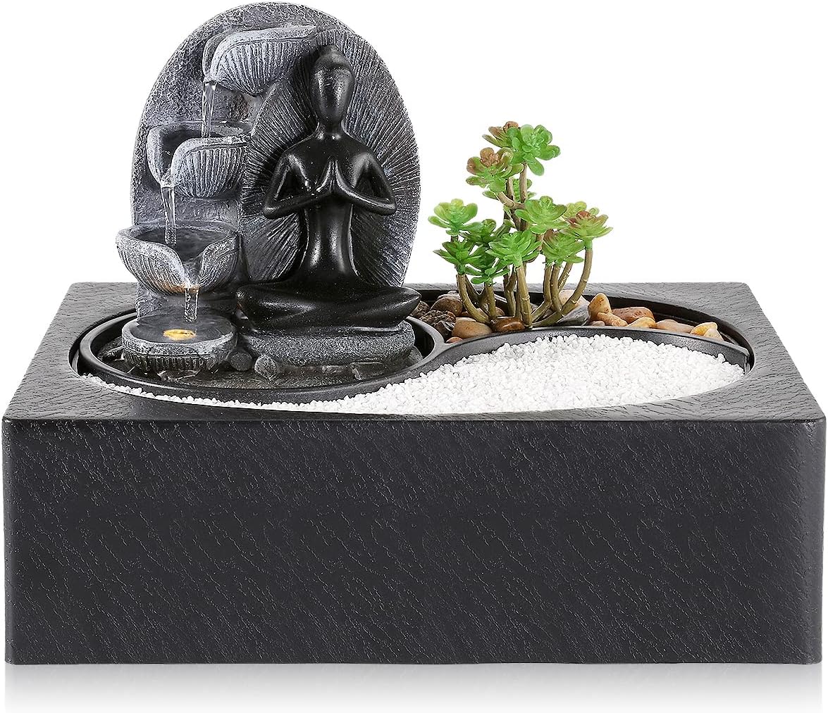 Indoor Fountains & Accessories - Tabletop Water Fountain, WICHEMI Water Fountain Indoor of Zen Garden Buddha Desk Fountain with LED Light for Home Office Bedroom