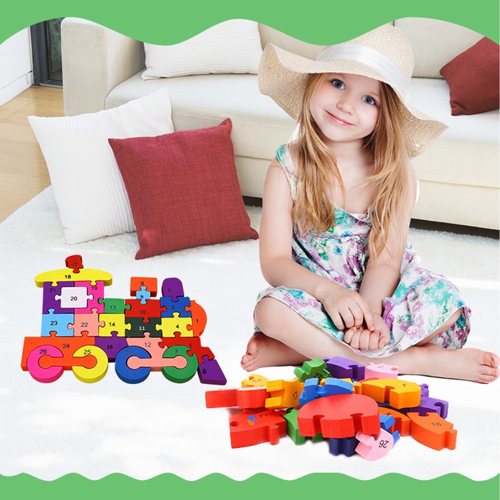 Wooden Blocks Jigsaw Puzzles, Letter & Numbers Puzzles Educational Toys Best Gift for Toddlers Kids Children Boys Girls (Dog+Train)