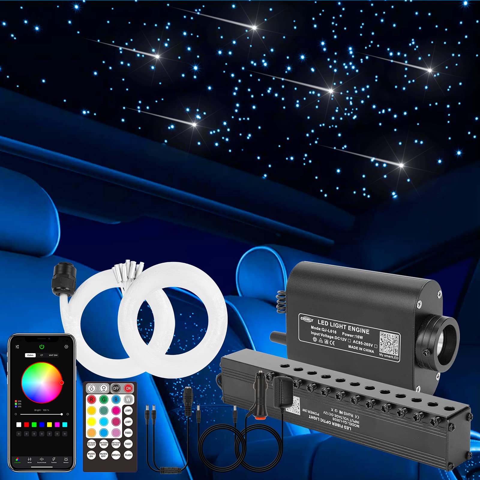 CHINLY Bluetooth Meteor 16W RGBW APP LED Fiber Optic Light Star Ceiling Lights Kit APP Mixed 400pcs*(0.02+0.03+0.06in)*9.8ft Optical Fiber + for Home/Car