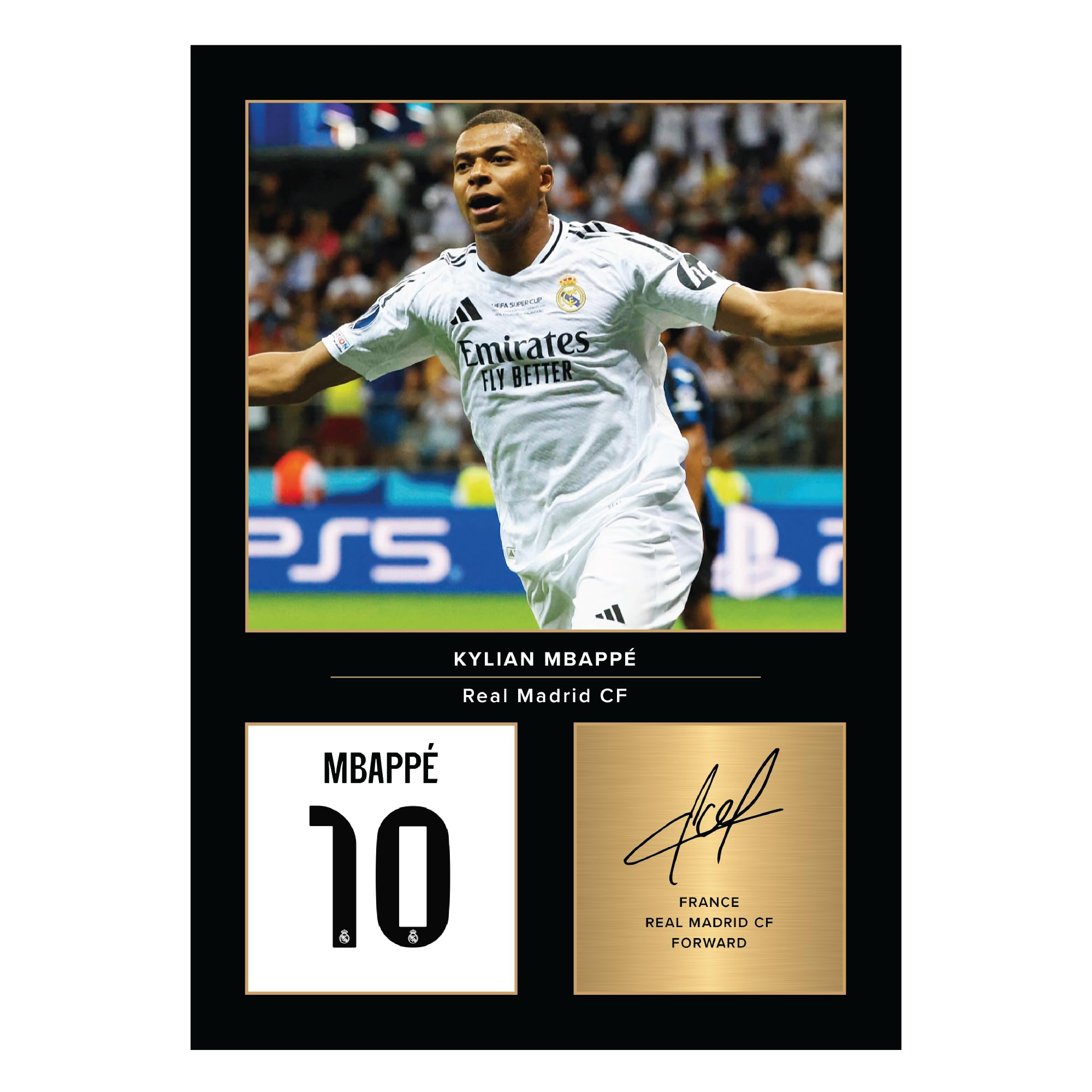 Icons Wall Art – Kylian Mbappe Real Madrid A4 Printed Photo Display – Digitally Reproduced Signature – Football/Soccer Fan Gift – Unframed Real Madrid Memorabilia Poster