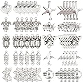 SUNNYCLUE 1 Box 60pcs Animal Connector Charms Antique Silver Double Hole Connectors Tibetan Style Turtle Seashell Linking Charm Owl Butterfly Links Charms for Jewelry Making Charm DIY Bracelet Craft