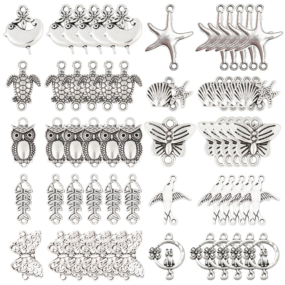 SUNNYCLUE 1 Box 60pcs 10 Styles Animal Connector Charms Antique Silver Double Hole Connector Findings for DIY Jewelry Bracelet Necklace Earring Making