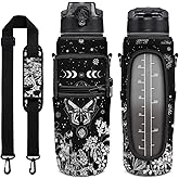 Baiheyi Goth Moon Half Gallon Water Bottle with Sleeve - Flip Top Bpa Free Water Bottle 32 OZ - with Time Marker Leakproof Water Jug - Motivational for Halloween Spooky Gifts for Women - Goth