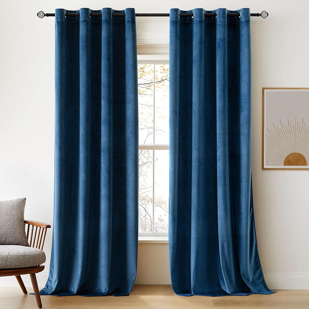 Woaboy Velvet Curtains 90" Drop Peacock Blue 2 Panels Room Darkening Eyelet
