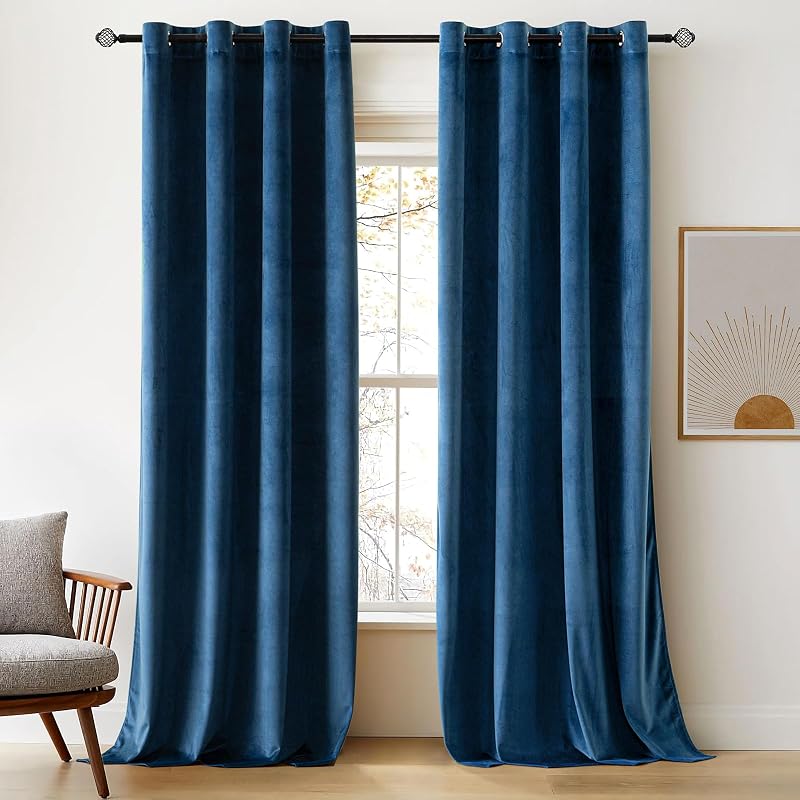 Woaboy Velvet Curtains 90" Drop Peacock Blue 2 Panels Room Darkening Eyelet