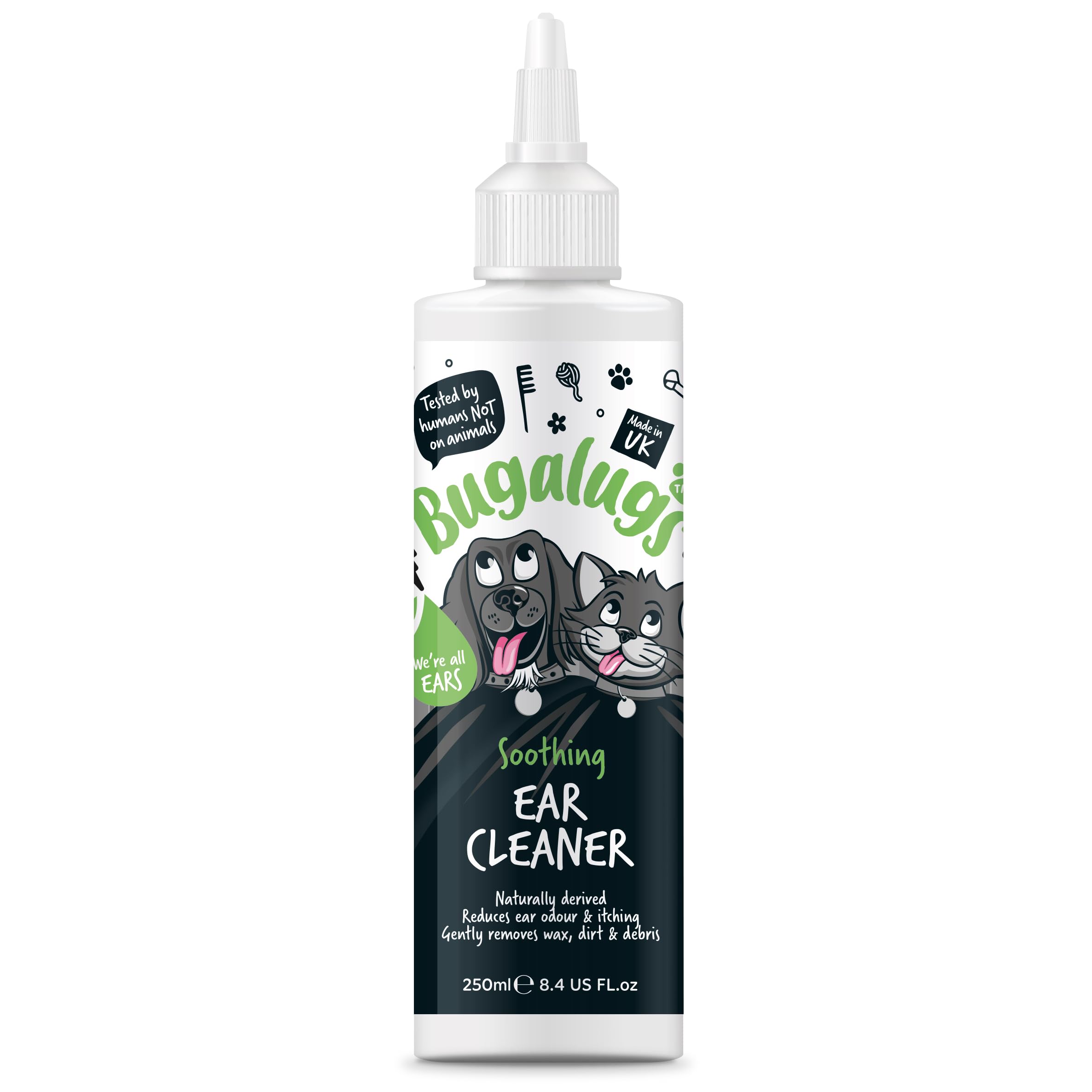 BUGALUGS Ear Cleaner, Dog & Cat Ear Cleaner Solution Softens & Removes Wax, Ear Hygiene, Non-Toxic Dog & Cat Ear Drops, Alcohol-Free Stop Head Shaking with Easy Applicator (250ml)