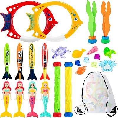 Vinitoy 24 Pcs Diving Toys Set for Pool Kids Diving Mermaids Torpedoes Rings