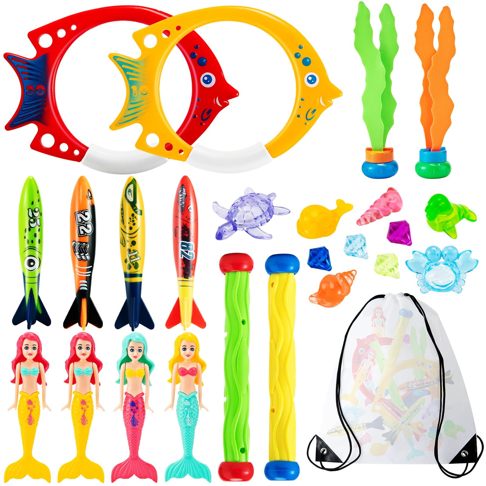 Vinitoy Diving Toys for Swimming Pool, 24 PCS Sinkers for Swimming Kids, Underwater Training Toys Diving Mermaids, Dive Sticks, Torpedo Bandits, Dive Seagrass, Diving Rings with Carrying Bag for Kids