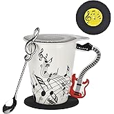 BUYNEED 12.9 oz Guitar Novelty Mug Musical Notes Design Guitar Coffee Cup with Music Cool Themed Lid and Spoon & Coaster,Gifts for Guitar Players Musician,Music Lovers Gift for Women,Men,Red