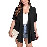 AusLook Women's Plus Size Lightweight Open Front Cardigan Short Sleeve Cover Ups Shrugs Shawls and Wraps Kimono Jacket Coat