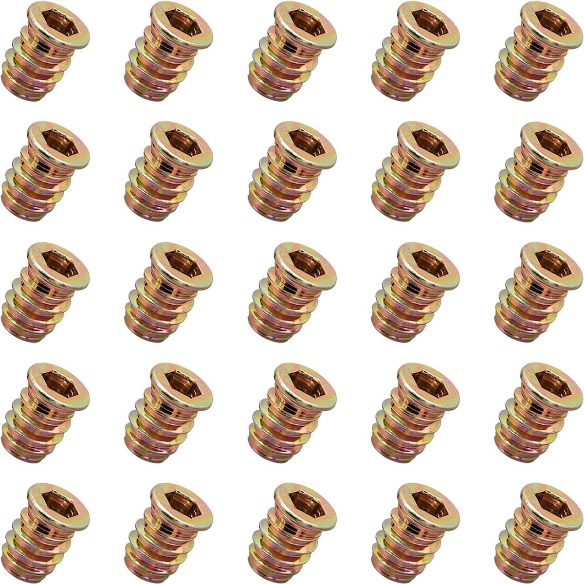 YoiYee Heavy Duty Wood Furniture M6 x 15mm Threaded Insert Nuts Interface Hex Socket Drive Zinc Yellow Passivated - 25pcs — image 1