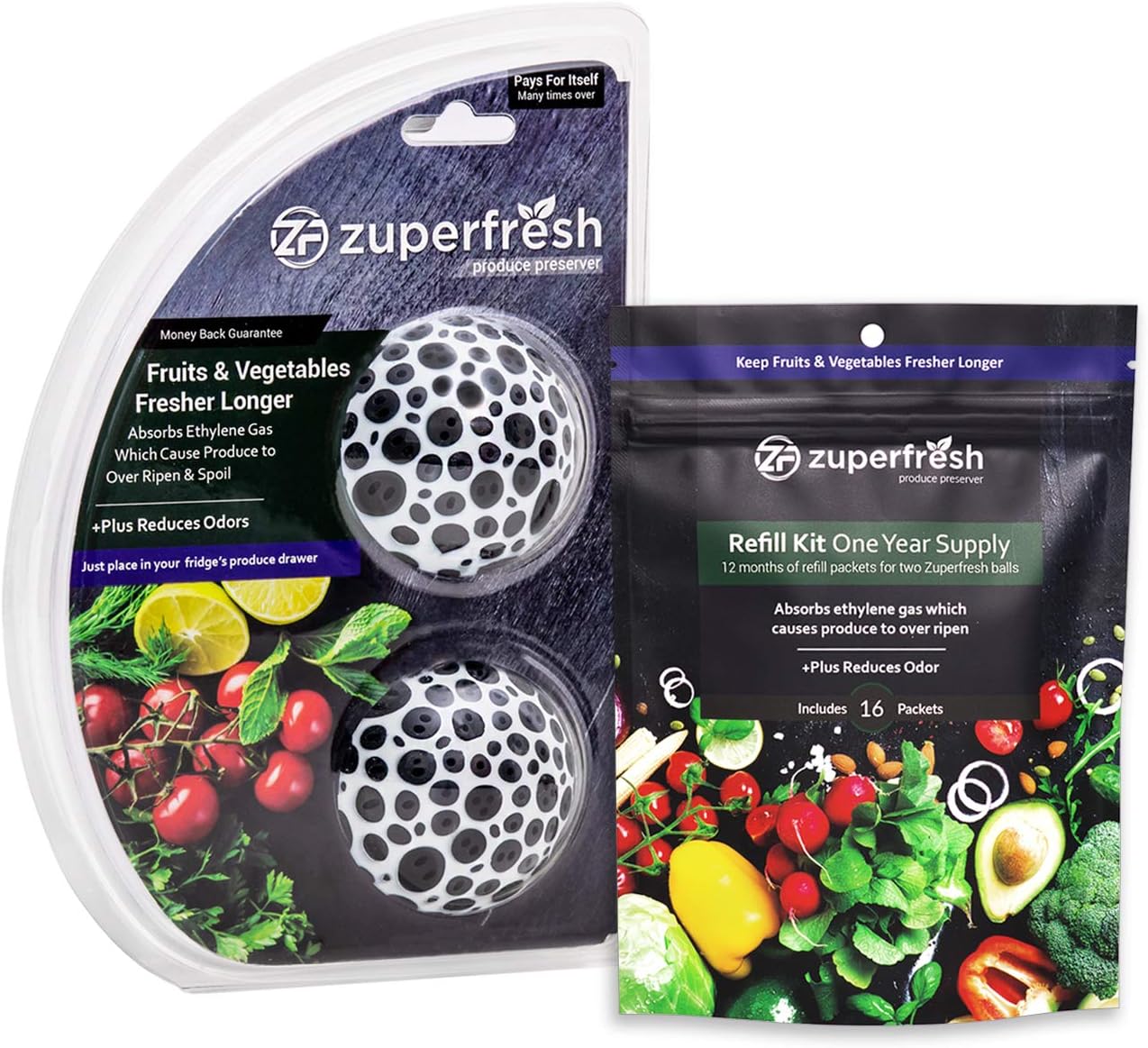 Zuperfresh Produce Saver Combo Pack 1 Year Supply, Extend the Life of Your Fruits & Vegetables, Absorbs Ethylene Gas Which Cause Produce to Over Ripen & Spoil