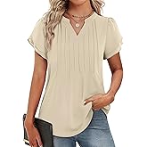 Funlingo Womens Tops Short Petal Sleeve V Neck Blouses Fashion 2026 Spring Dressy Casual Pintuck Work Shirt