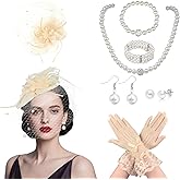 7Pcs Fascinators for Women,20s 50s Tea Party Fascinator Hats for Women,Feather Pearl Veil Tea Party Hats and Jewelry Set