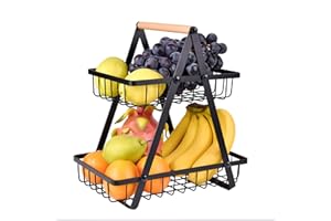 2-Tier Countertop Fruit Basket with Wooden Handle for Kitchen and Dining Room, Fruit Bowl Vegetable Bread Holder Storage Disp