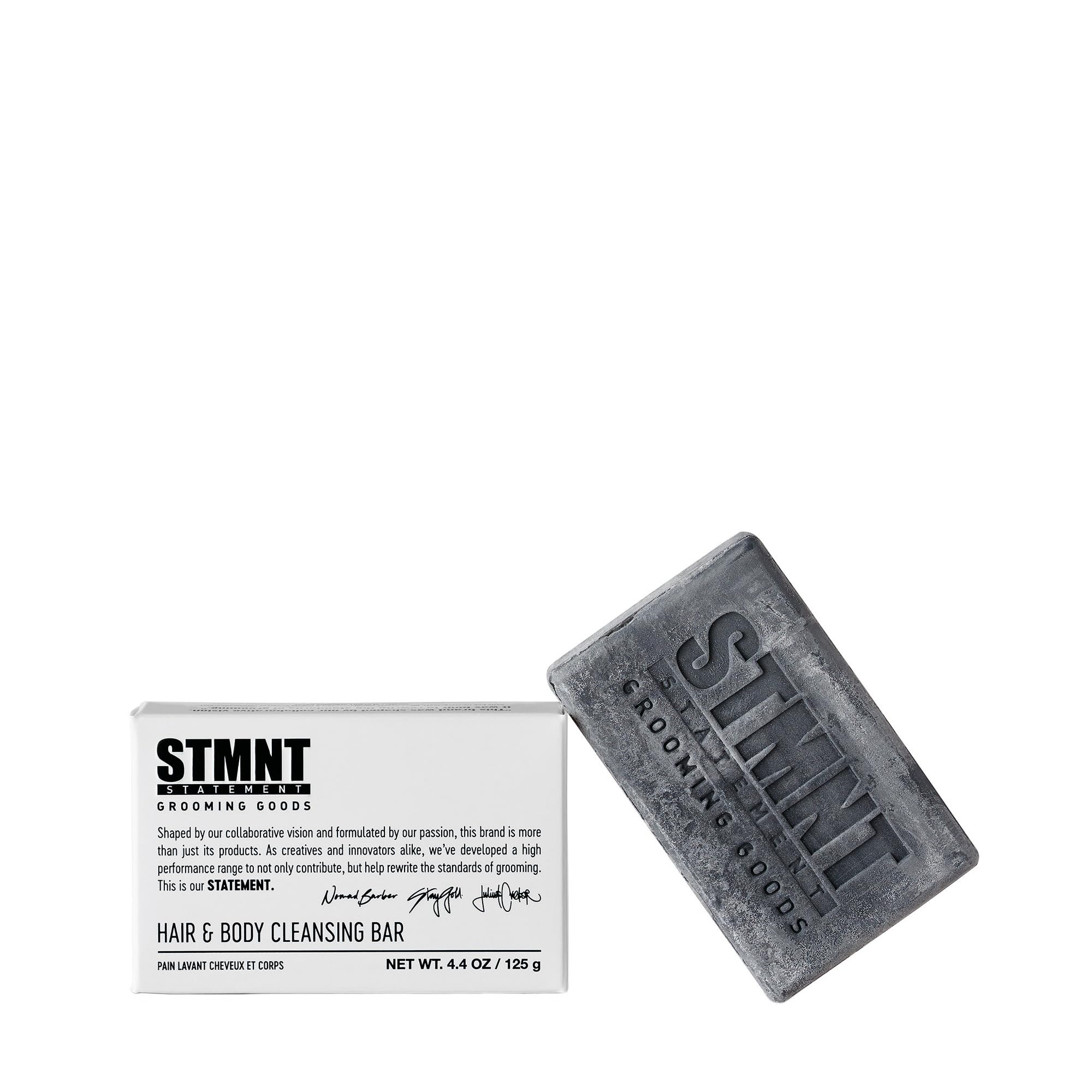 STMNT Grooming Goods Hair & Body Cleansing Bar, 125g | SLS/SLES Sulfates Free | Moisturizing Formula w/Activated Charcoal | Travel Friendly