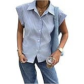 Floerns Women's Striped Button Down Shirts Dolman Sleeve Collared Neck Work Blouse Tops