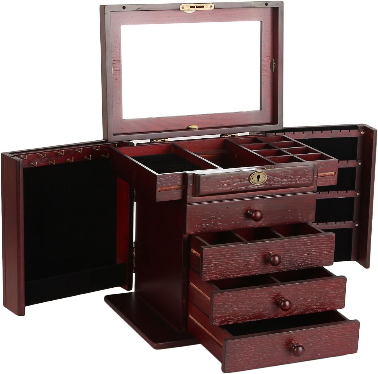 ROULING Finish wooden Jewellery Box 4 Draws Lock and Key Mirror Lined MG002