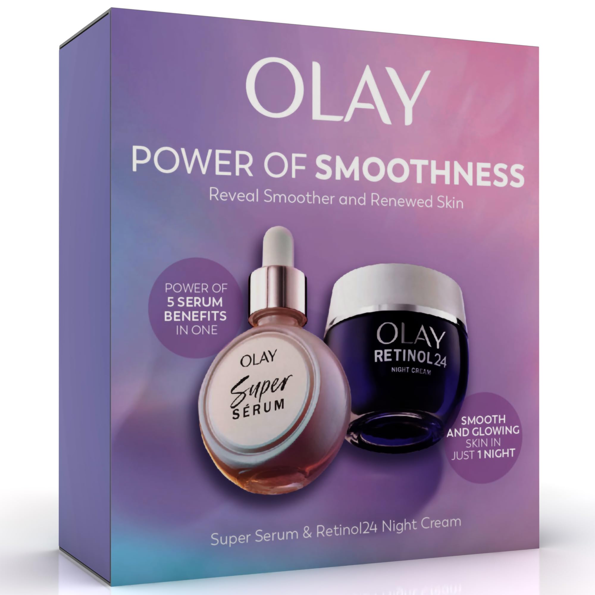 Olay Power of Smoothness Gift Set: Super Serum, Niacinamide, Vitamin C with Collagen Peptide 30ml + Retinol 24 Night Cream Face Moisturiser for Women 50ml, Anti-Aging Skincare