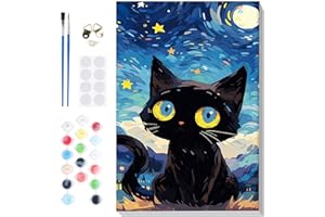 VINDIJA Starry Night Cat Paint by Numbers Kit for Adults Kids, Adults' Paint by Number Kits on Canvas Framed, Color by Numbers for Adults, Arts Crafts Kits for Girls Ages 8-12 Adults, 8x12in, MT2342