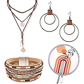 JYSILIYH 4 Pcs Boho Western Jewelry Set,Boho Vintage Choker Necklace Earrings Faux Leather Bracelet,Boho Earrings for Women,Bohemian Round Foldable Hand Fan Ethnic Bohemian Jewelry Gift