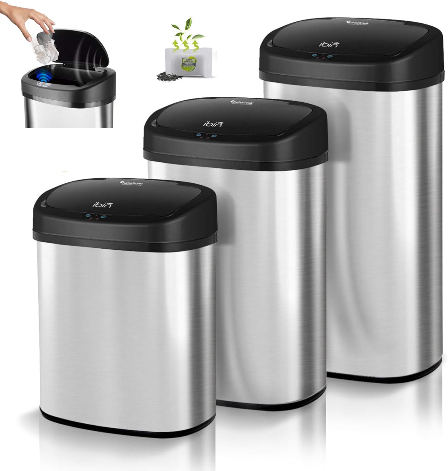 Sensor Mülleimer, Batterie- und Netzbetrieb, Geruchsfilter, Automatik Abfalleimer, Müllbehälter Edelstahl, 38L, 48L, 58L