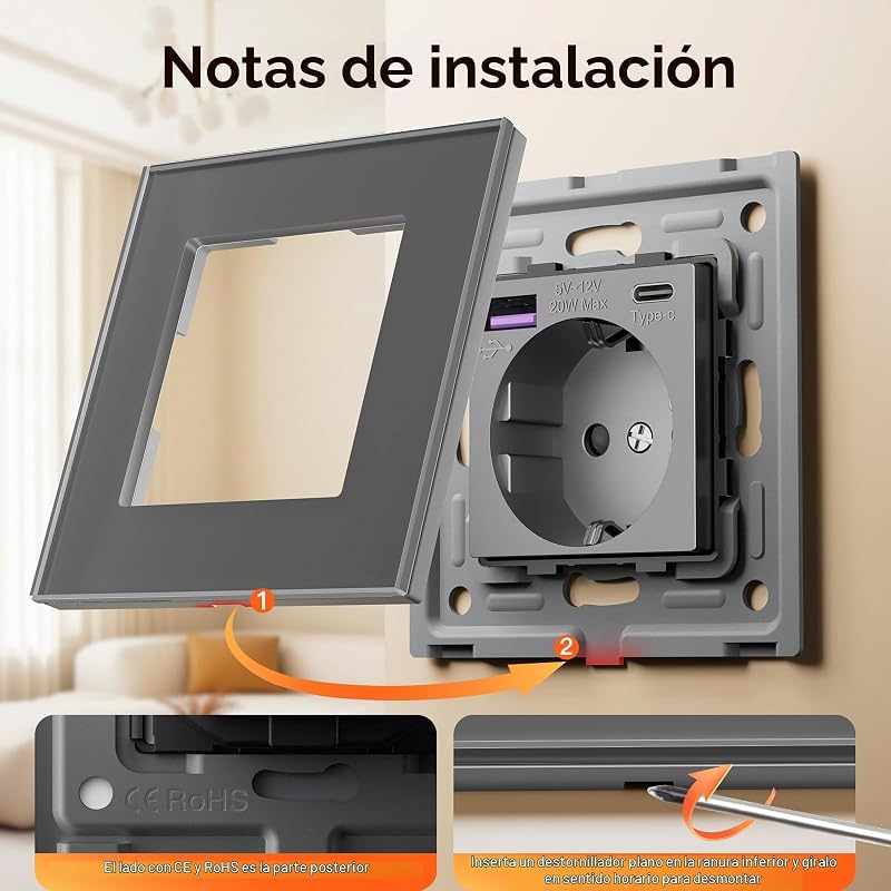 Schuko USB C 20W Pack, 1 x 1 Gang Enchufe + 1 x 2 Gang Enchufe, Toma de Corriente USB Tipo C con Panel de Vidrio, Toma de Corriente Empotrable para Teléfono, Tablet, MP3, Gris