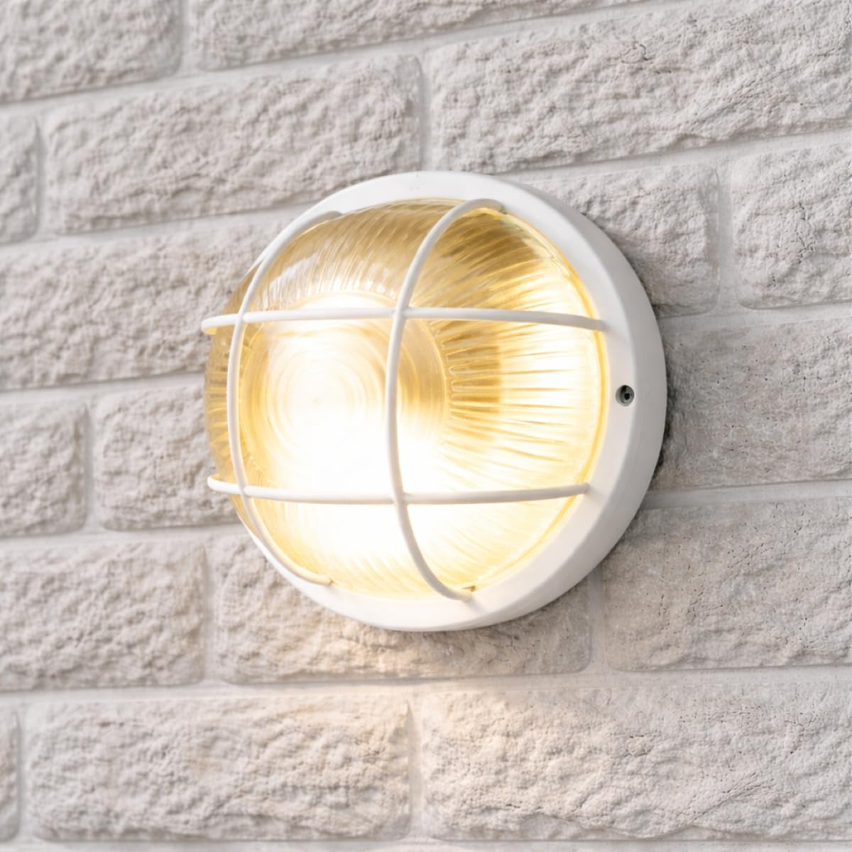 CGC Lighting White Cage Round Bulkhead Glass Wall Ceiling Light Weatherproof Indoor Outdoor Garden Porch Garage Bathroom Patio