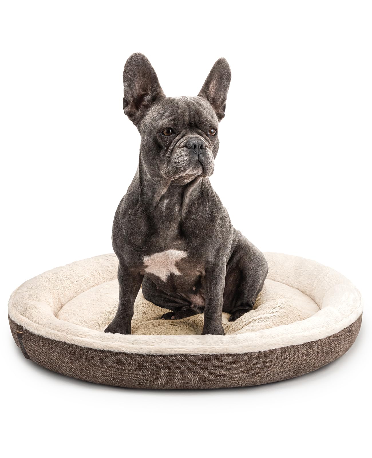 lionto Dog basket round in donut shape, Ø 65 cm, pet cushion for dogs & cats with washable cover & anti-slip nubs, cuddly dog bed made of oxford linen & plush, brown