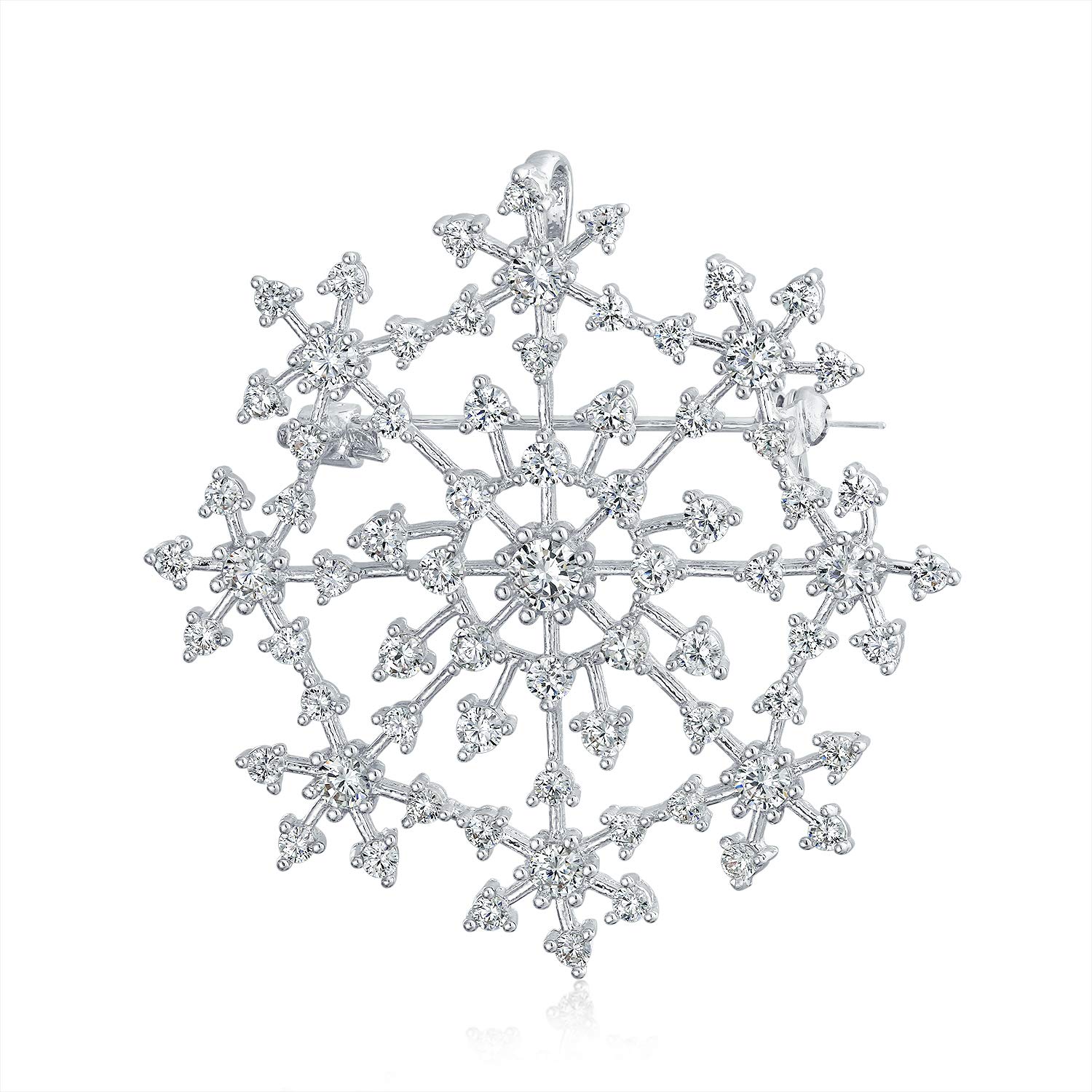 Large Frozen Winter Holiday Party CZ Pave Cubic Zirconia Scarf Christmas Statement Snowflake Brooch Pin For Women Silver Plated Brass
