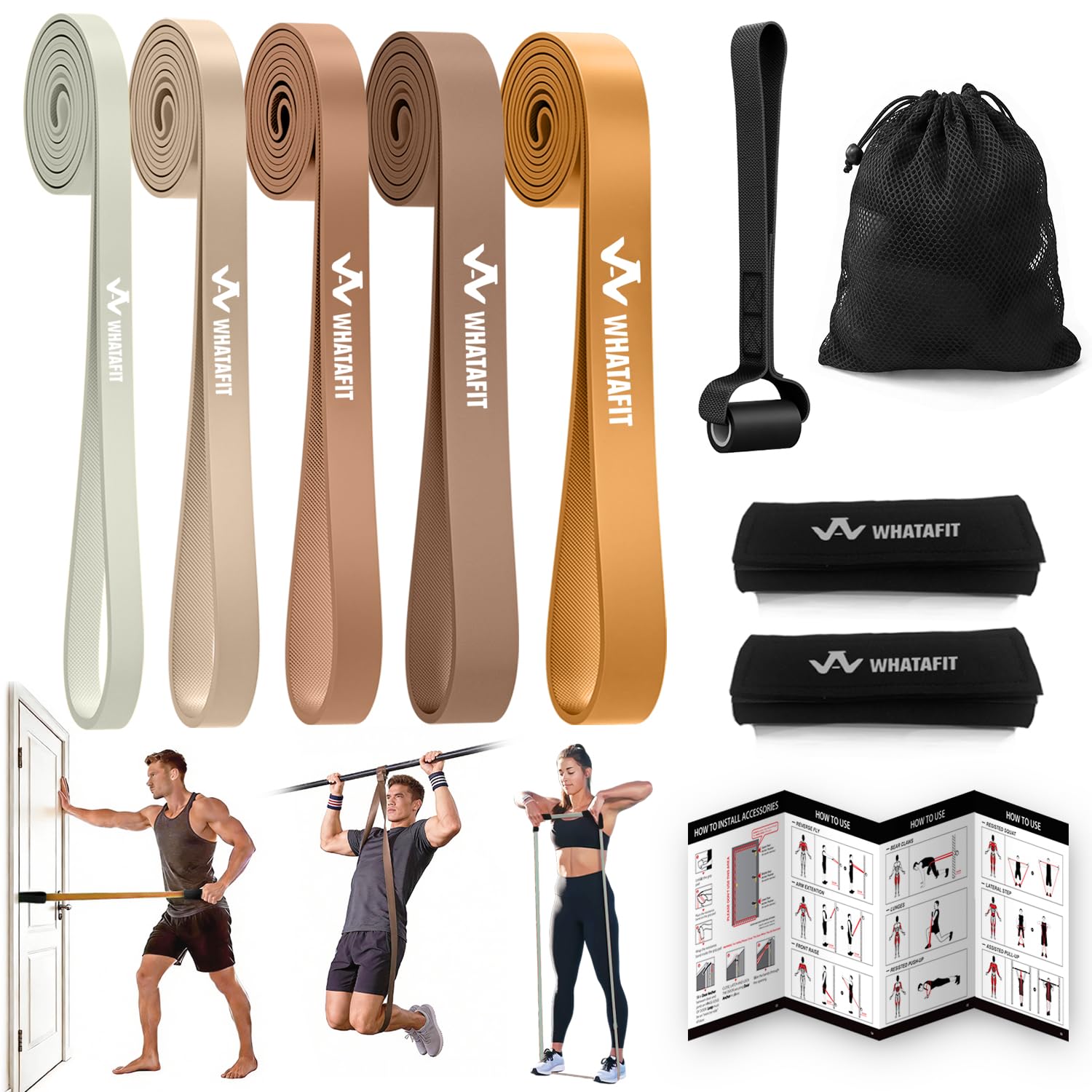 WHATAFIT Resistance Bands,Pull Up Assist Bands Set with Handles, Exercise & Workout Bands with Door Anchor for Men & Women – Home Fitness Equipment for Strength Training, Stretching Image